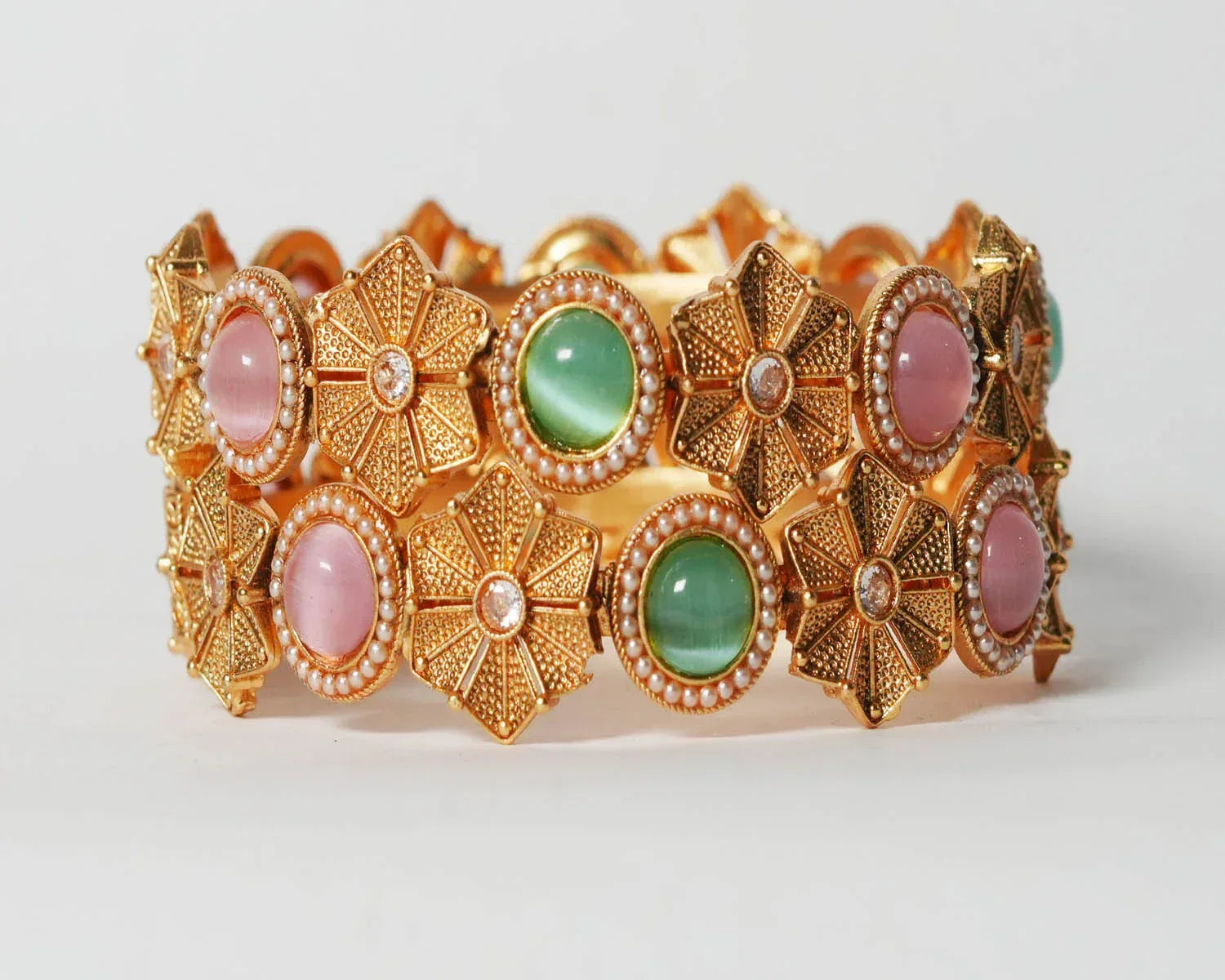 Stylish Beautiful Kundan Studded Bracelet for Women, Multi Color Brass Kada Handcrafted Indian Jewelry - The Golden Cascade